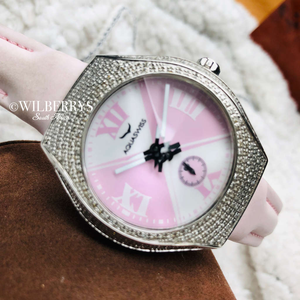 Retail: $1795 /R22,500.00 Aquaswiss Women Baby Ice with 66 Diamonds Pink Genuine Leather Band