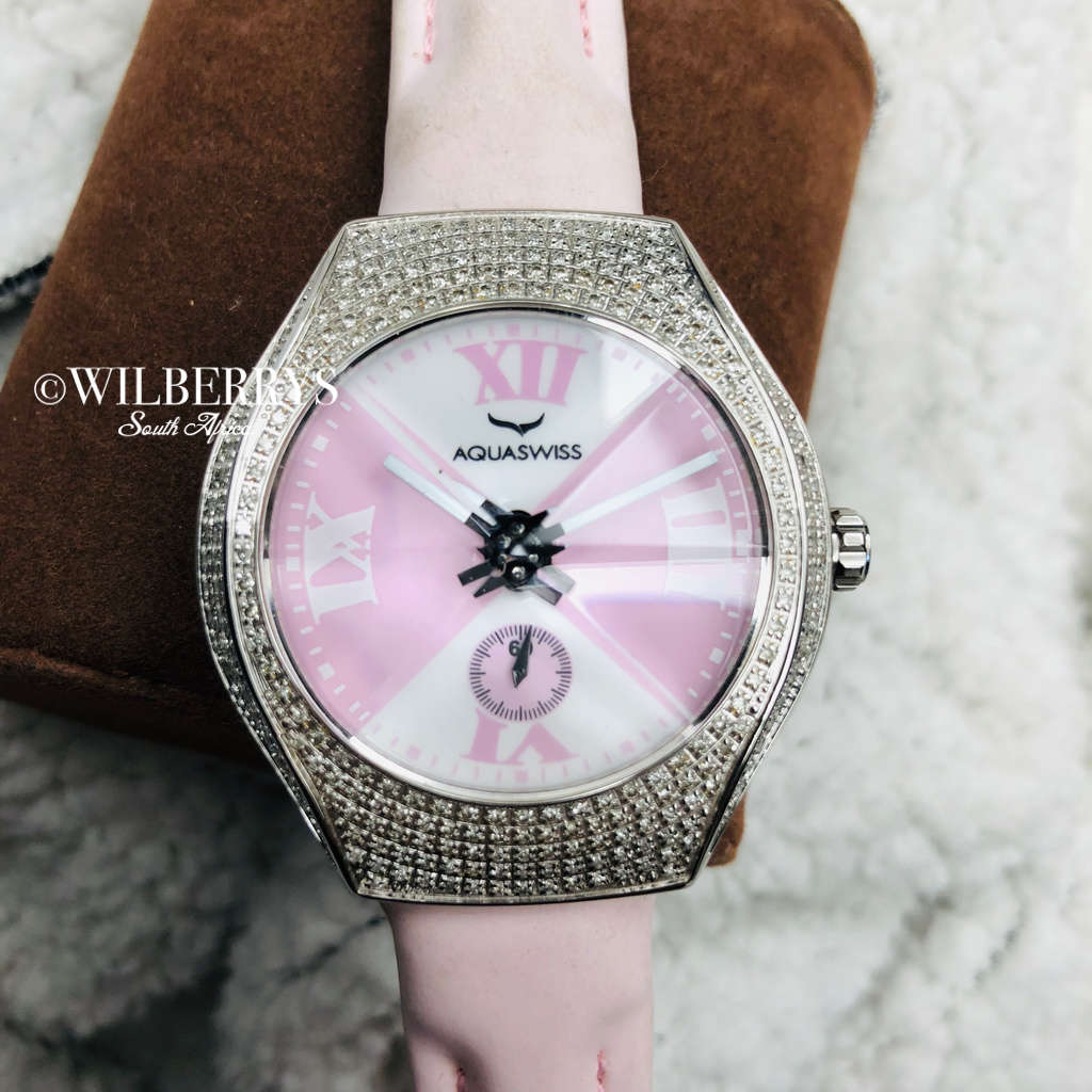Retail: $1795 /R22,500.00 Aquaswiss Women Baby Ice with 66 Diamonds Pink Genuine Leather Band