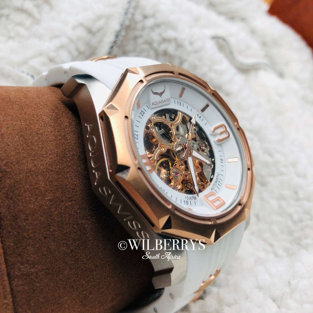 Retail: R15,000.00 Aquaswiss Men's Vessel Automtic 45mm - 52mm Watch with White Silicone Band