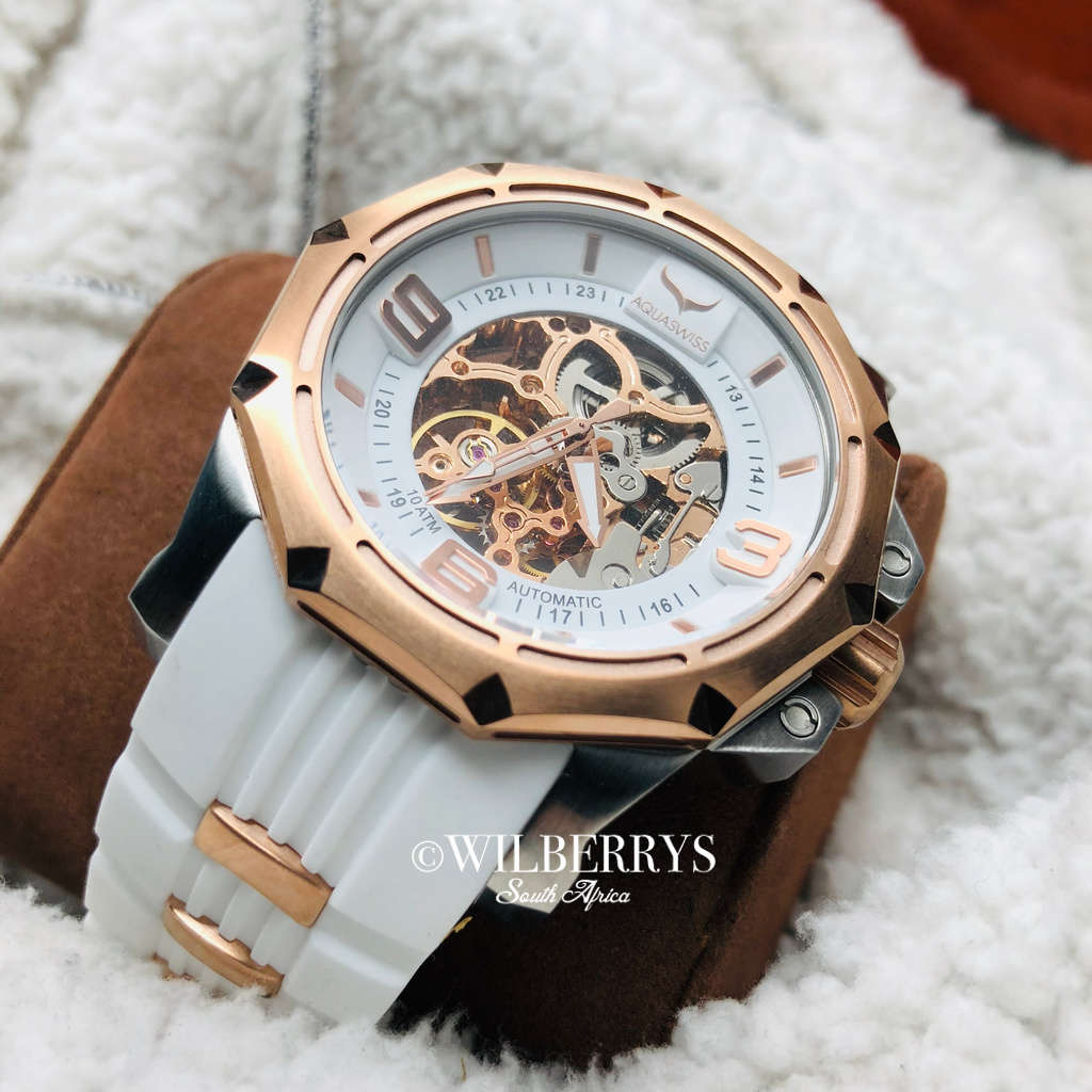 Retail: R15,000.00 Aquaswiss Men's Vessel Automtic 45mm - 52mm Watch with White Silicone Band