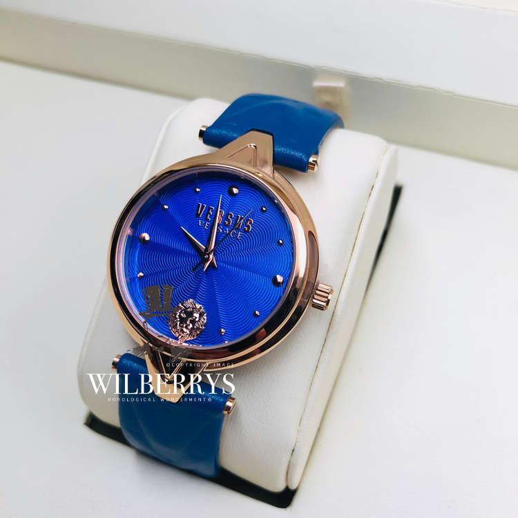 VERSACE Women's VERSUS V-Versus Blue/Gold Leather Strap Watch BRAND NEW IN BOX + PAPERS