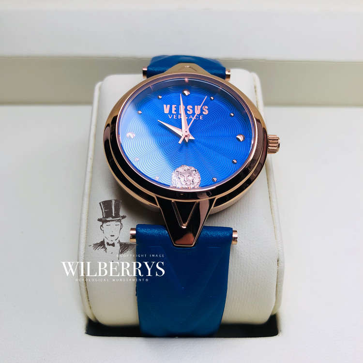 VERSACE Women's VERSUS V-Versus Blue/Gold Leather Strap Watch BRAND NEW IN BOX + PAPERS