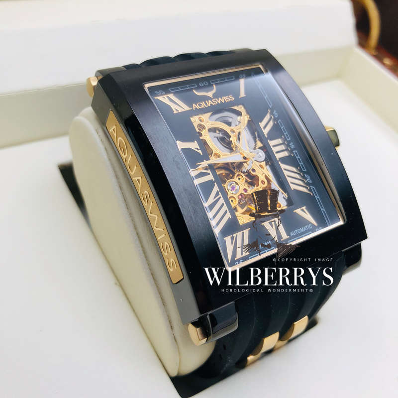 Retail: R24,600.00 Aquaswiss Mens Automatic Tanc with 18k Plated SILICONE Strap THICK, HEAVY Watch