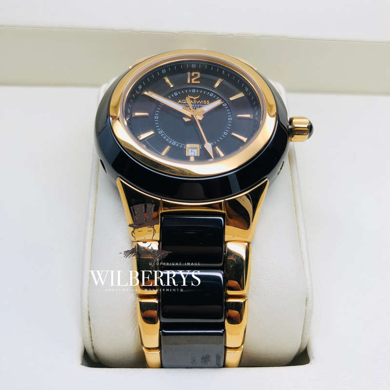 Retail: R15,000.00 Aquaswiss Women's C91M Gold Plated and Ceramic Black Watch