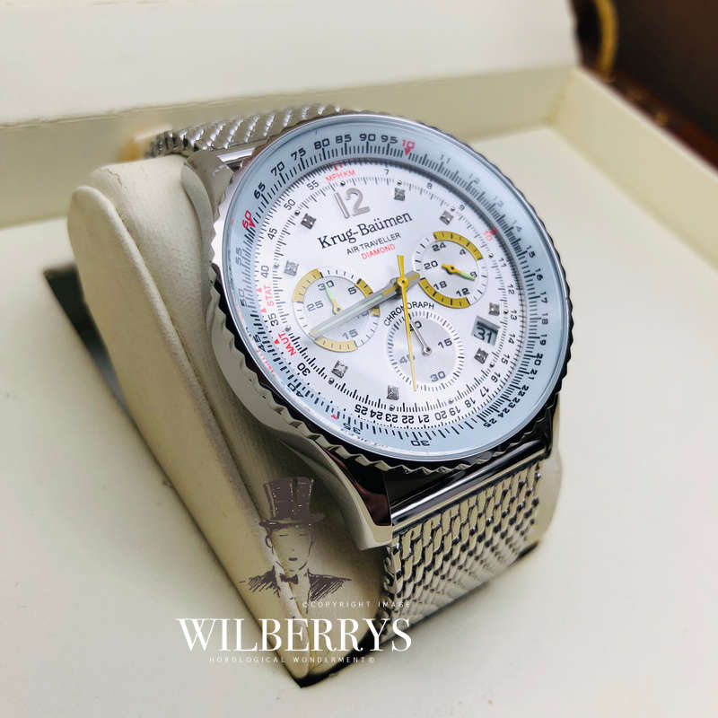 Retail: £775/ R13,000.00 Krug-Baumen Men's Air Traveller Silver Wolf Diamond Chronograph Watch