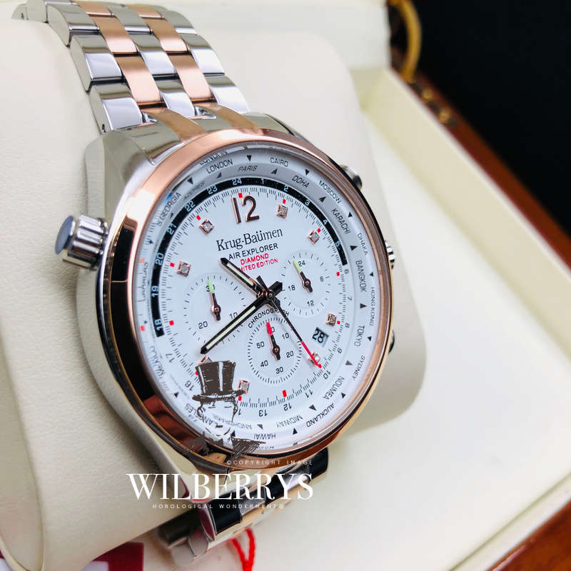 Retail: £775/ R13,000.00 Krug-Baumen Men's Air Traveller White Diamond Chronograph Watch