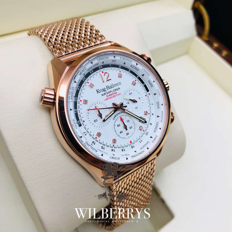 Retail: £775/ R13,000.00 Krug-Baumen Men's Air Traveller White Diamond Chronograph Watch