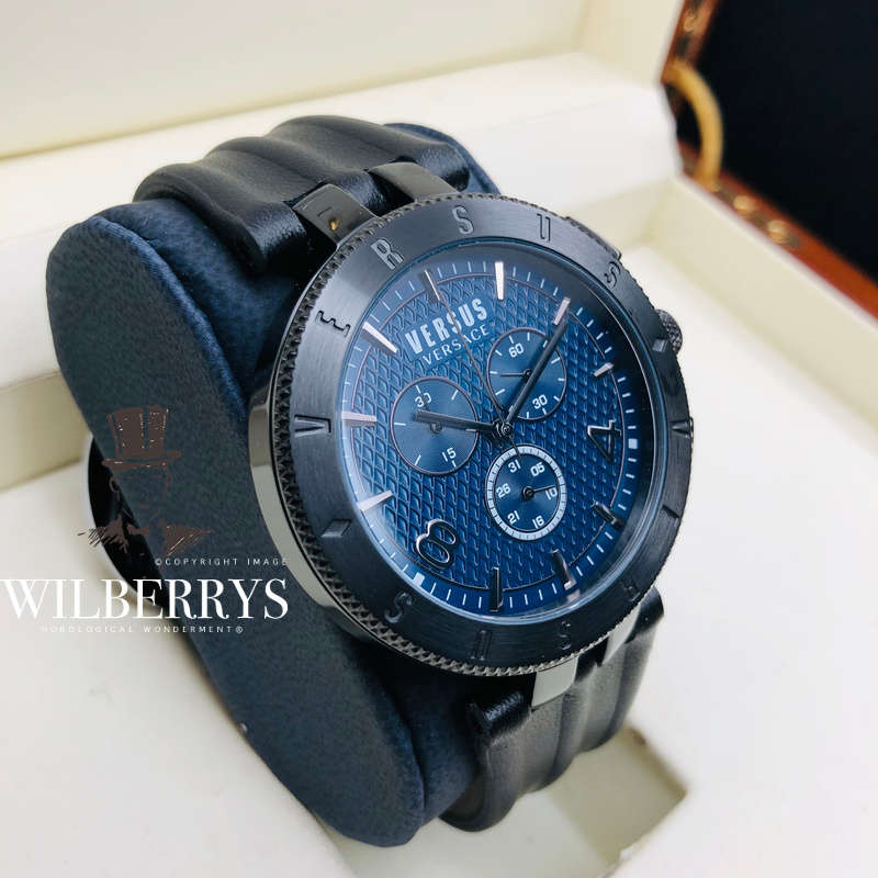 Retail: R8,299.00 VERSACE Men's Versus Navy Blue Clou de Paris Chronograph LEATHER Watch NEW IN BOX