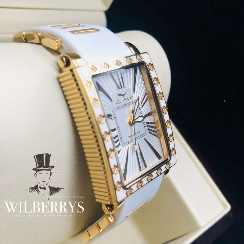 Retail: $1499 /R21,000.00 Aquaswiss Women's Grace 24 Diamonds 18k Gold Plated and Silicone Band NEW