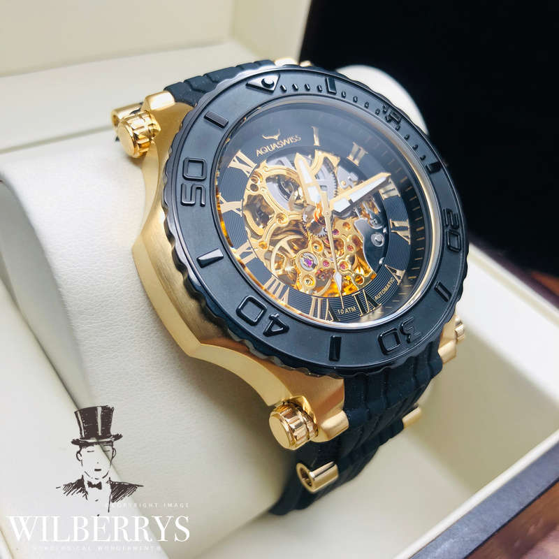 Retail: R14,999.00 Aquaswiss Mens AUTOMATIC SKELETON BOLT G with 18k Plated SILICONE Strap Watch