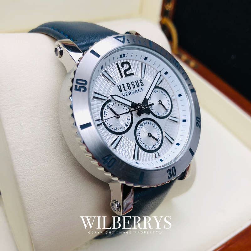 Retail: R8,299.00 VERSACE Men's Steenburg Blue Leather Chronograph Watch BRAND NEW