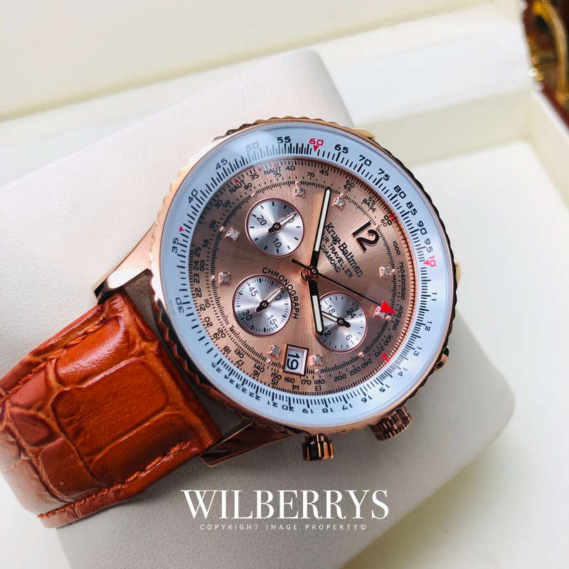 Retail: £775/ R12,975.00 Krug-Baumen Mens Air Traveller Diamond 42mm Rose Gold Pl Chronograph Watch