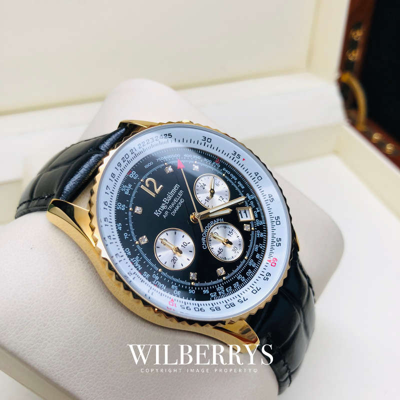 Retail: £775/ R12,975.00 Krug-Baumen Mens Air Traveller Diamond 40mm Black Leather Chornograph Watch
