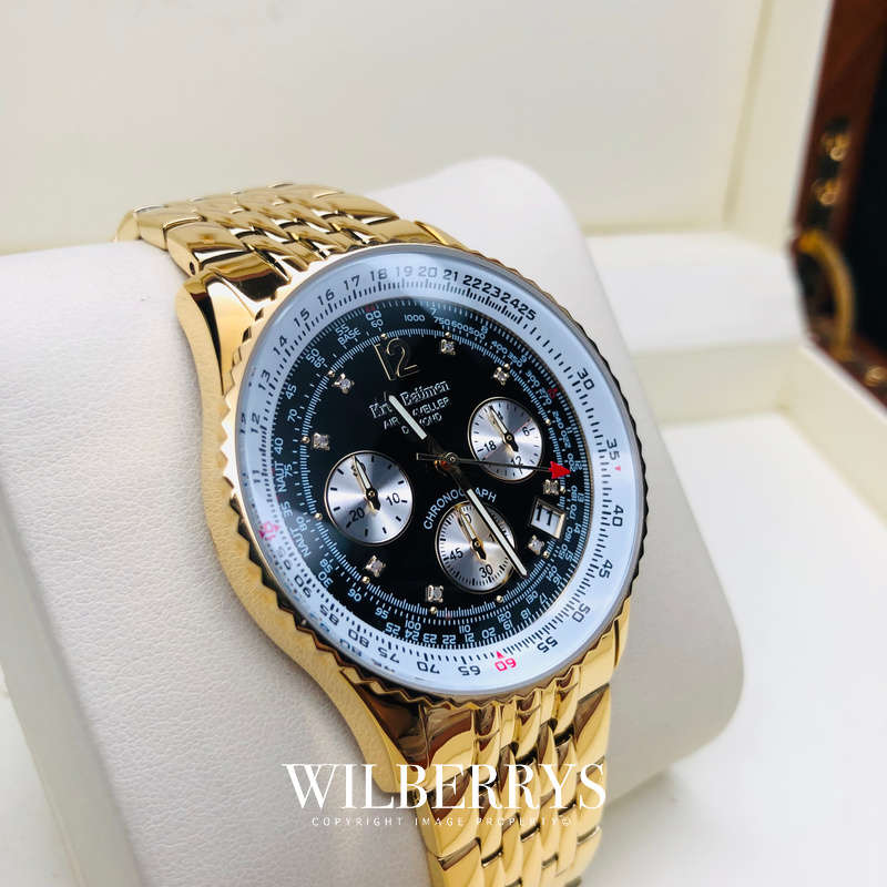Retail: £775/ R12,975.00 Krug-Baumen Mens Air Traveller Diamond 42mm Full Gold Pl Chronograph Watch