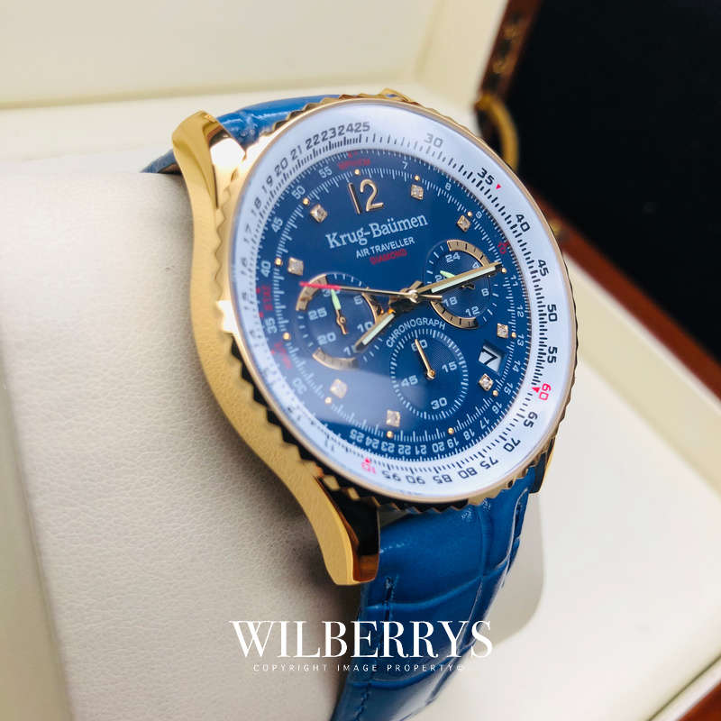 Retail: £775/ R12,975.00 KRUG-BAUMEN MEN'S 44MM AIR TRAVELLER DIAMOND BLUE LEATHER CHRONO WATCH NEW!