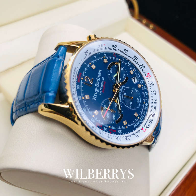 Retail: £775/ R12,975.00 KRUG-BAUMEN MEN'S 44MM AIR TRAVELLER DIAMOND BLUE LEATHER CHRONO WATCH NEW!