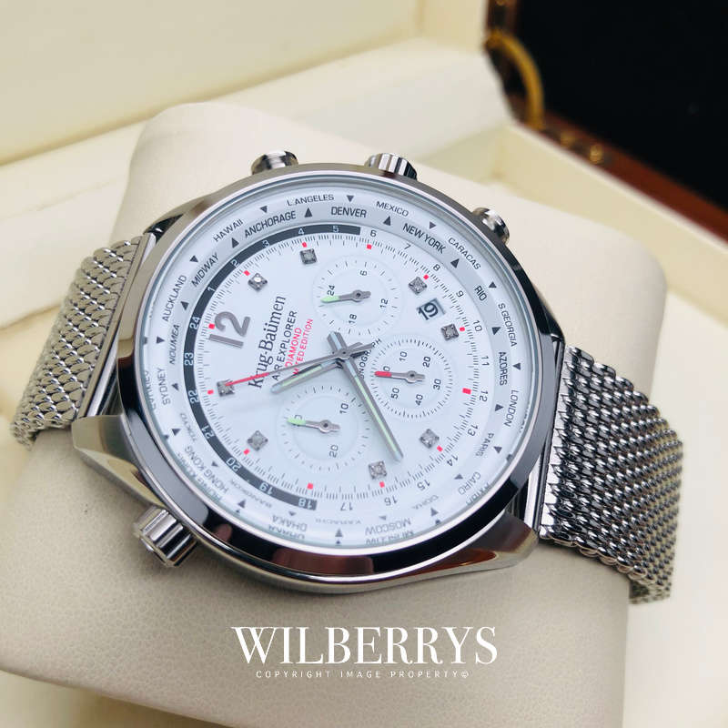 Retail: £775/ R12,975.00 Krug-Baumen Mens Air Traveller Diamond Milanese Steel Chornograph Watch