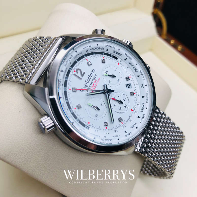 Retail: £775/ R12,975.00 Krug-Baumen Mens Air Traveller Diamond Milanese Steel Chornograph Watch