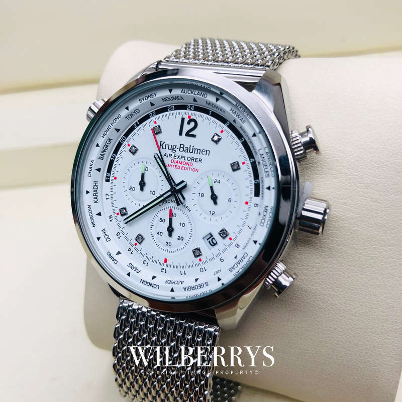 Retail: £775/ R12,975.00 Krug-Baumen Mens Air Traveller Diamond Milanese Steel Chornograph Watch