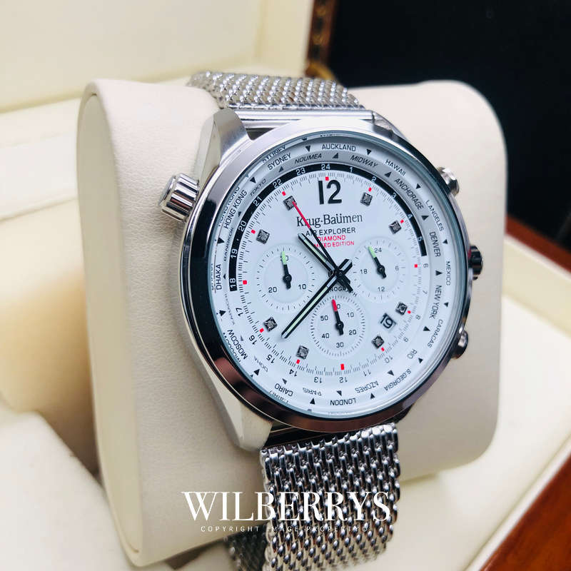 Retail: £775/ R12,975.00 Krug-Baumen Mens Air Traveller Diamond Milanese Steel Chornograph Watch