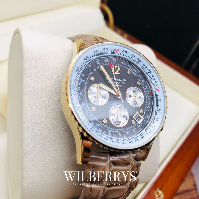 Retail: £775/ R12,975.00 Krug-Baumen Mens Air Traveller Diamond 40mm Choco Leather Chornograph Watch
