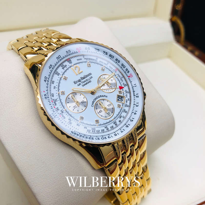 Retail: £775/ R12,975.00 Krug-Baumen Mens Air Traveller Diamond 42mm Full Gold Pl Chronograph Watch