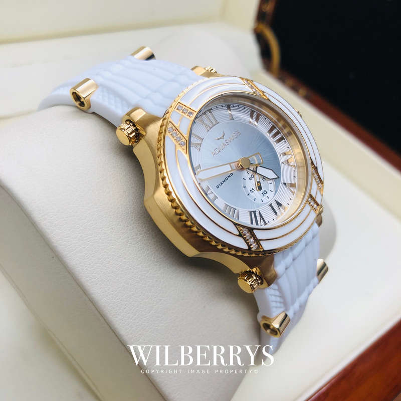 Retail: $1495 /R18,000.00 Aquaswiss Women Bolt L with 22 Diamonds 18K Gold Plating Silicone Band
