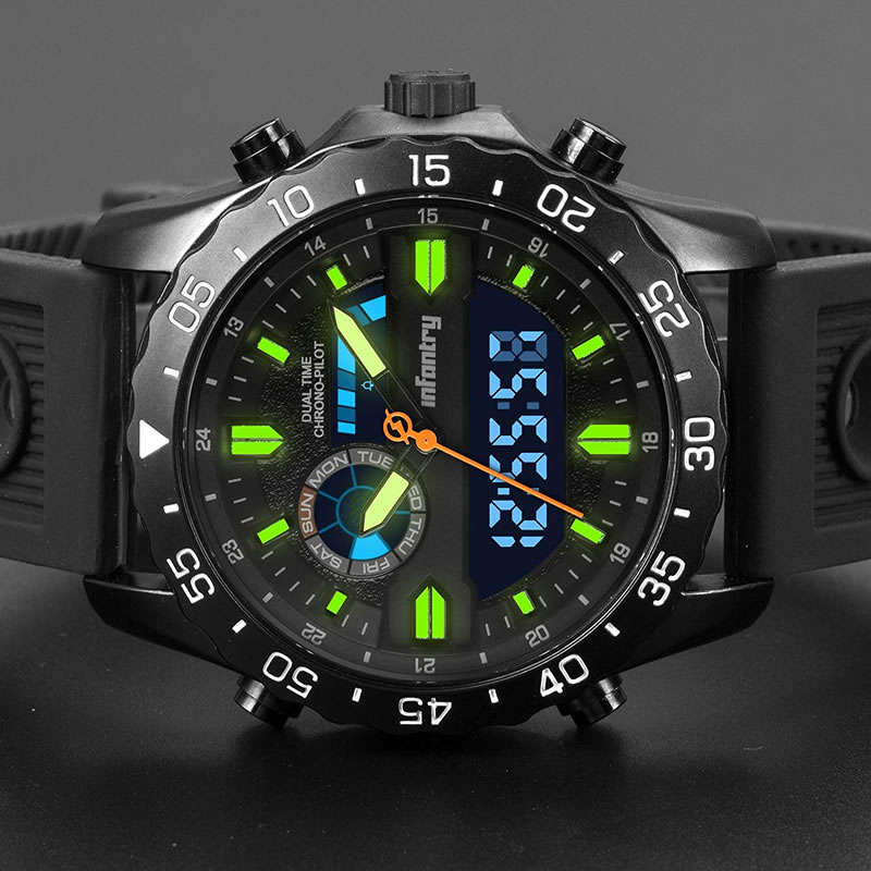 INFANTRY MILITARY CO. Chrono PILOT Dual Time Alarm Watch Brand new BOXED, FULLY LOADED!