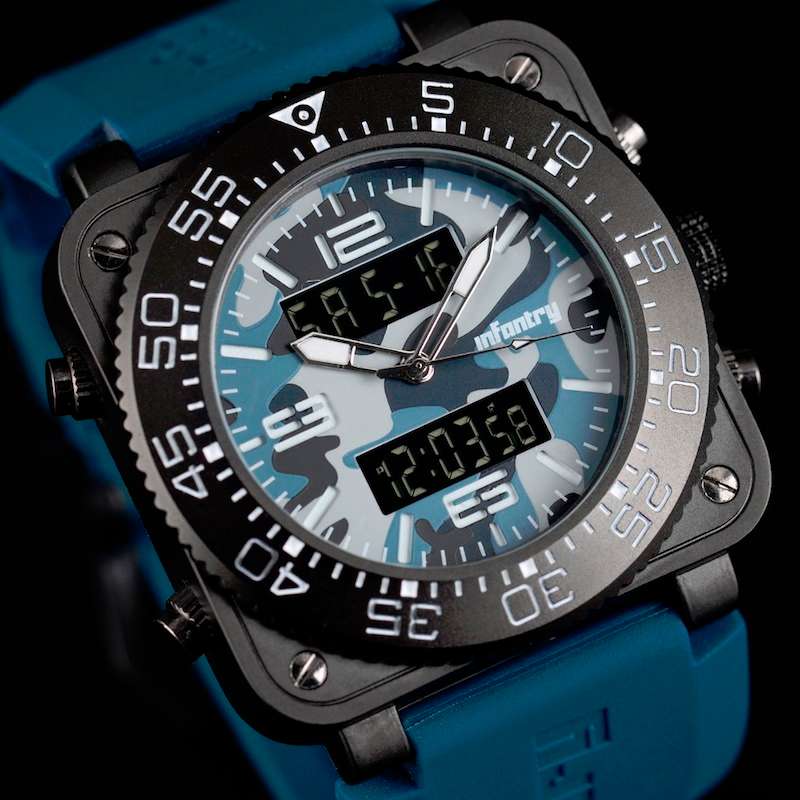 INFANTRY MILITARY CO. Tank Camo XL 47mm DUAL MOVEMENT Watch with Silicone Band BOXED, FULLY LOADED!