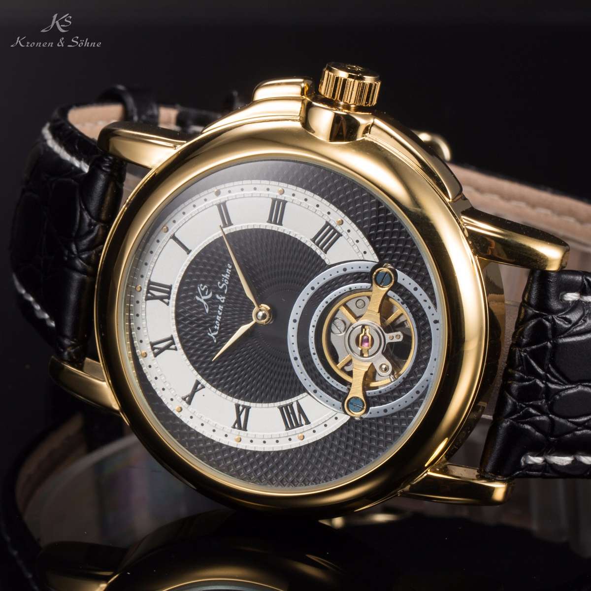 new!! KRONEN & SOHNE "Circulus" Navi Balance Wheel Leather Watch w/ BOX AND PAPERS