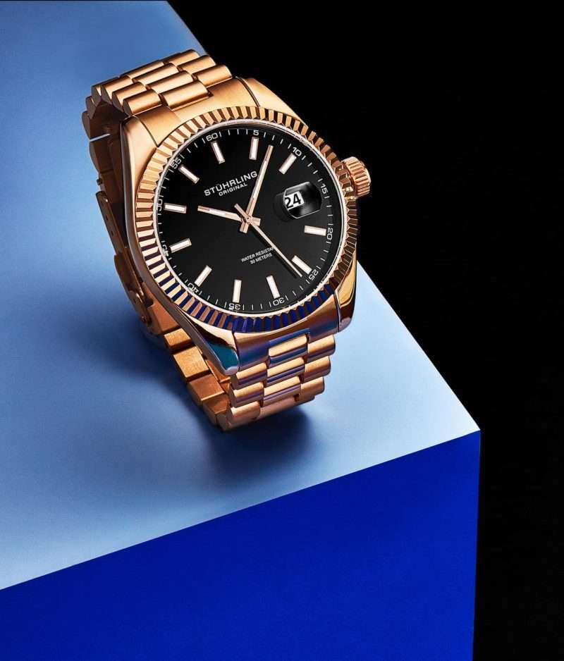 Retail: R6,000.00 STUHRLING ORIGINAL® Men's Grande Date Rose Gold Plated Watch BRAND NEW!