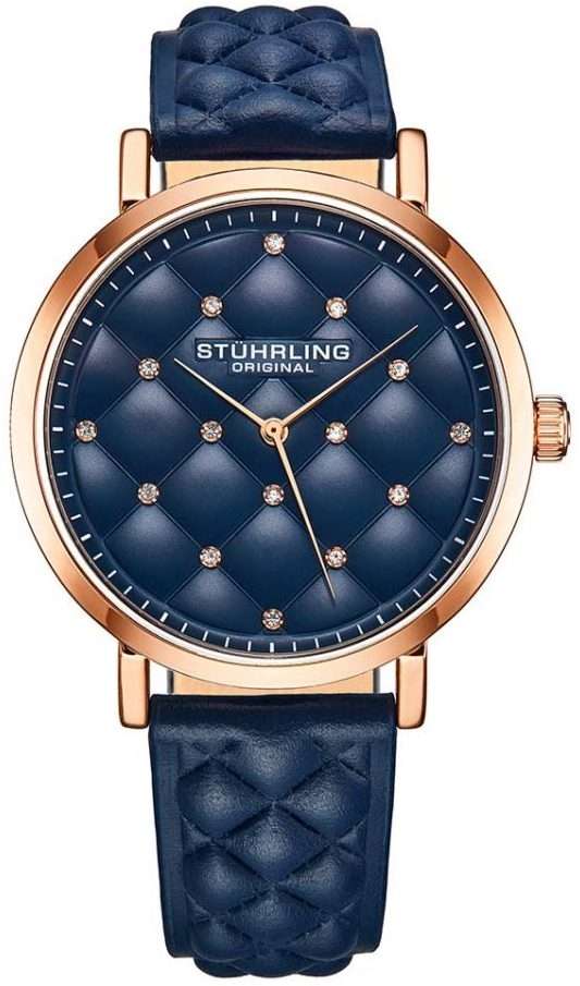 Retail: R5,499.00 STUHRLING ORIGINAL® Women's NOIR TUFFTED LEATHER Rose gold pl Watch BRAND NEW