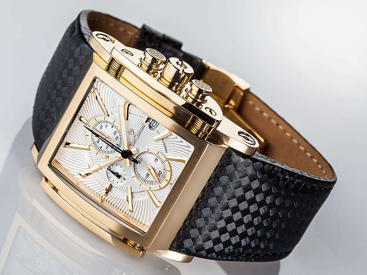 YVES CAMANI Men's Escaut Black/Gold Plated Chrono with Carbon Fibre Leather Watch + Gold Tin