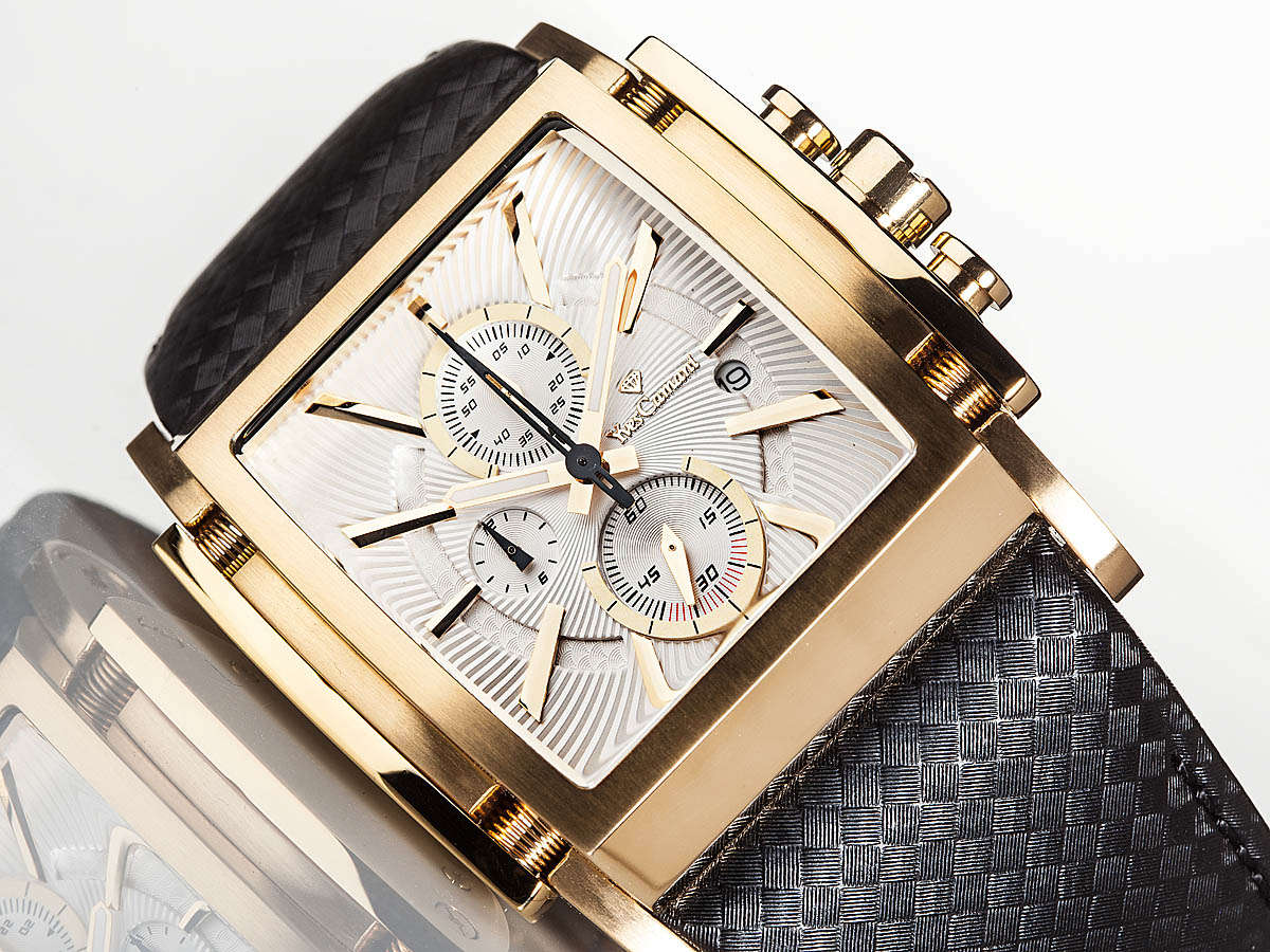 YVES CAMANI Men's Escaut Black/Gold Plated Chrono with Carbon Fibre Leather Watch + Gold Tin