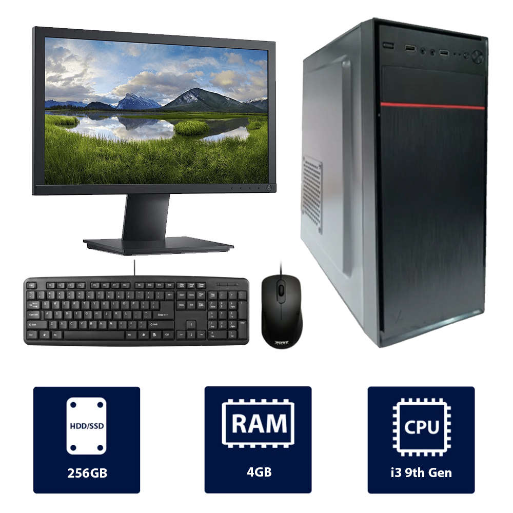 i3 9th, 4GB RAM, 256GB SSD, 19" Monitor Full Standard Case Desktop Computer