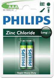 Philips LongLife Battery 2 X R03L2B AAA Zinc Carbon, Retail Box , No Warranty