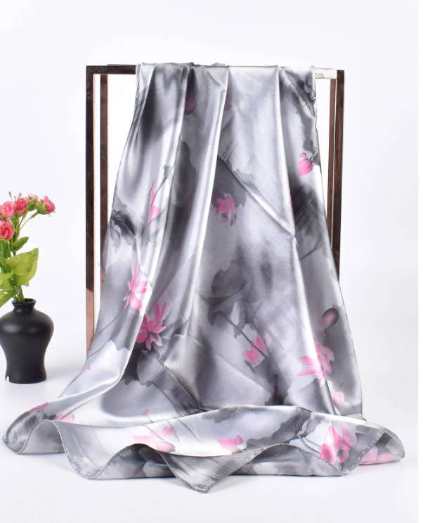 Lotus Flower Pattern Printed Ladies' Square Scarf Grey