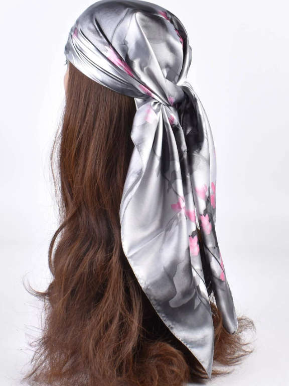 Lotus Flower Pattern Printed Ladies' Square Scarf Grey