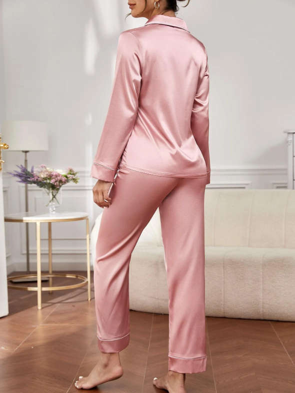 Trim Satin Shirt And Pants Pajama Set Dusty Pink