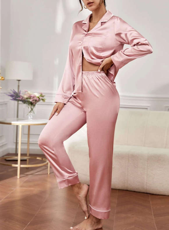 Trim Satin Shirt And Pants Pajama Set Dusty Pink