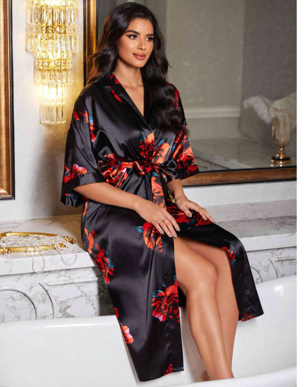 Floral Print Satin Robe