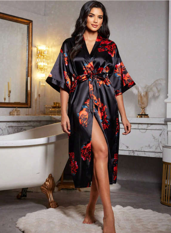 Floral Print Satin Robe