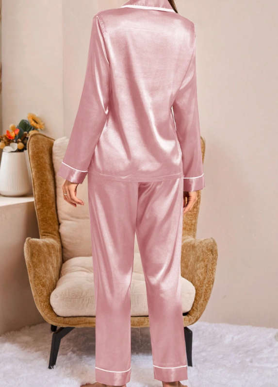 Trim Satin Shirt And Pants Pajama Set Pink