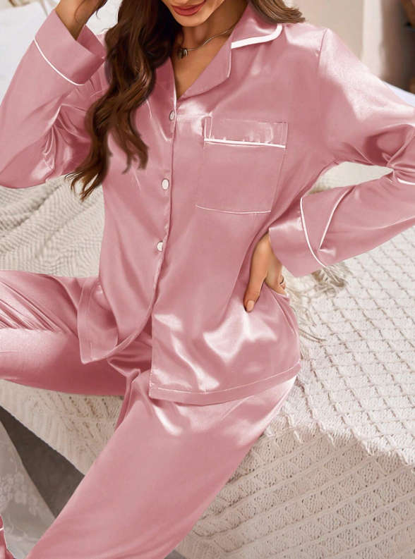 Trim Satin Shirt And Pants Pajama Set Pink