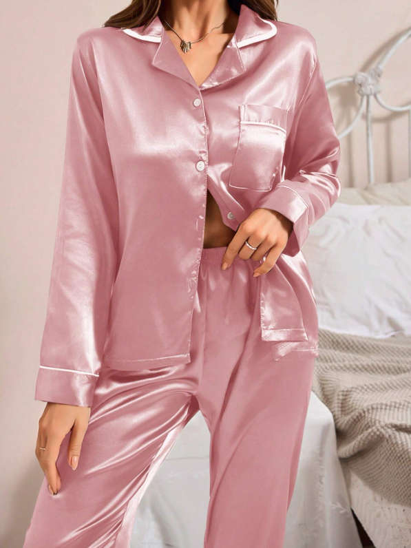 Trim Satin Shirt And Pants Pajama Set Pink