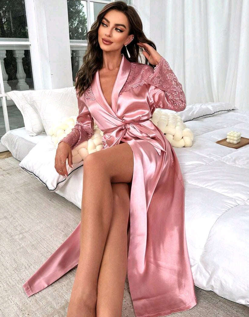 Contrast Lace Belted Satin Robe
