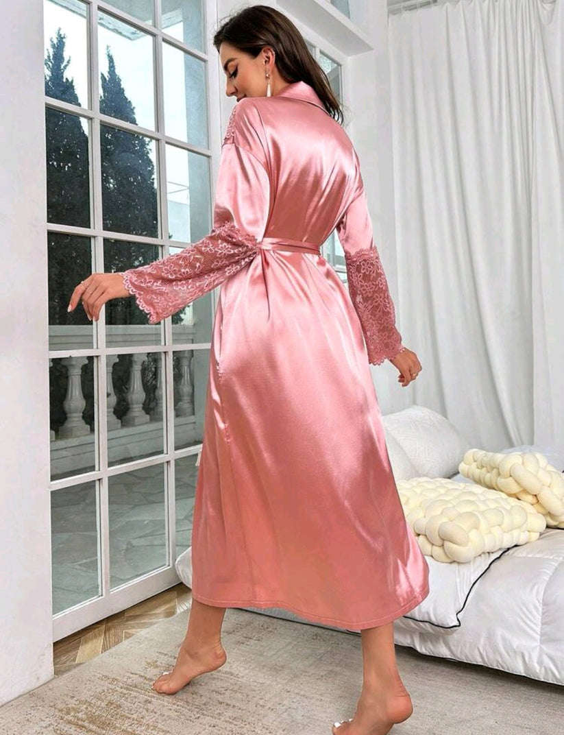 Contrast Lace Belted Satin Robe