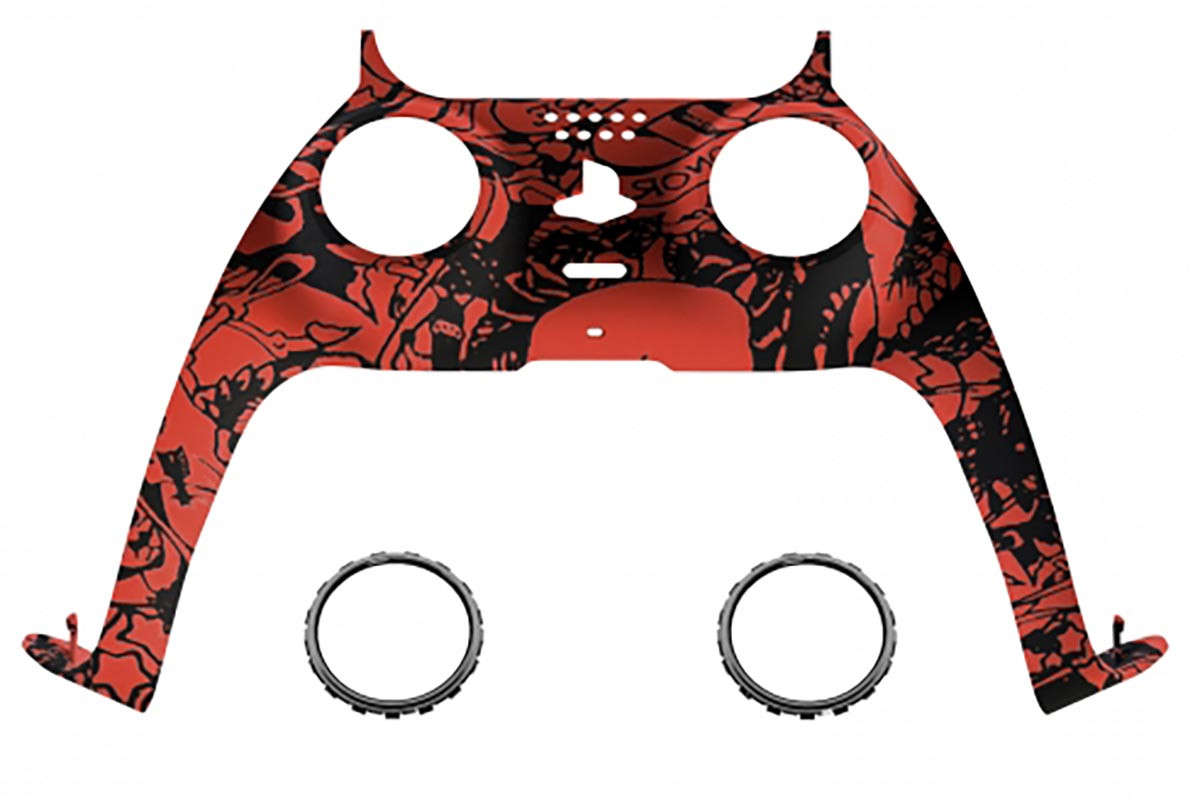 PS5 Dualsense Controller Plastic Trim with Accent Rings Soft Touch Red Skull