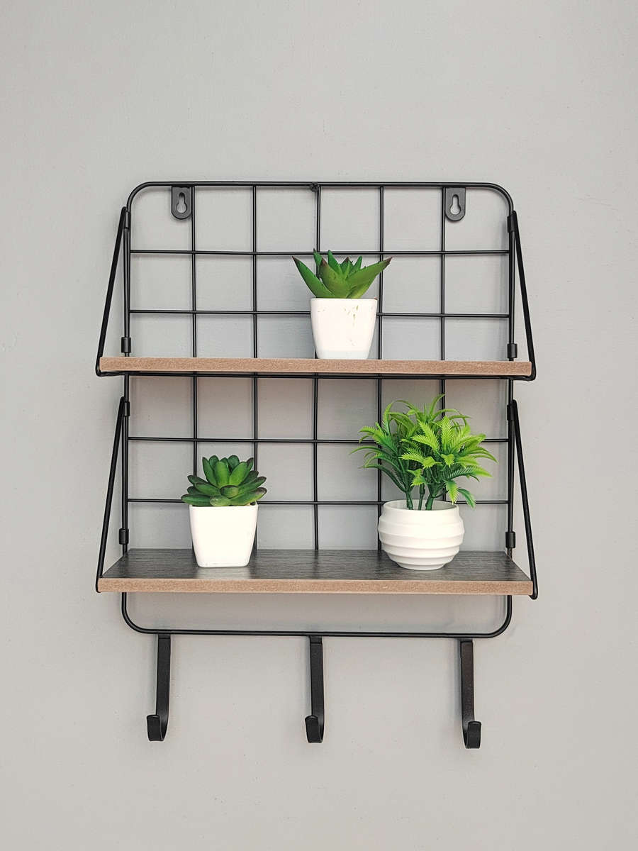 Wall Shelf 2 Shelves with 3 Hooks