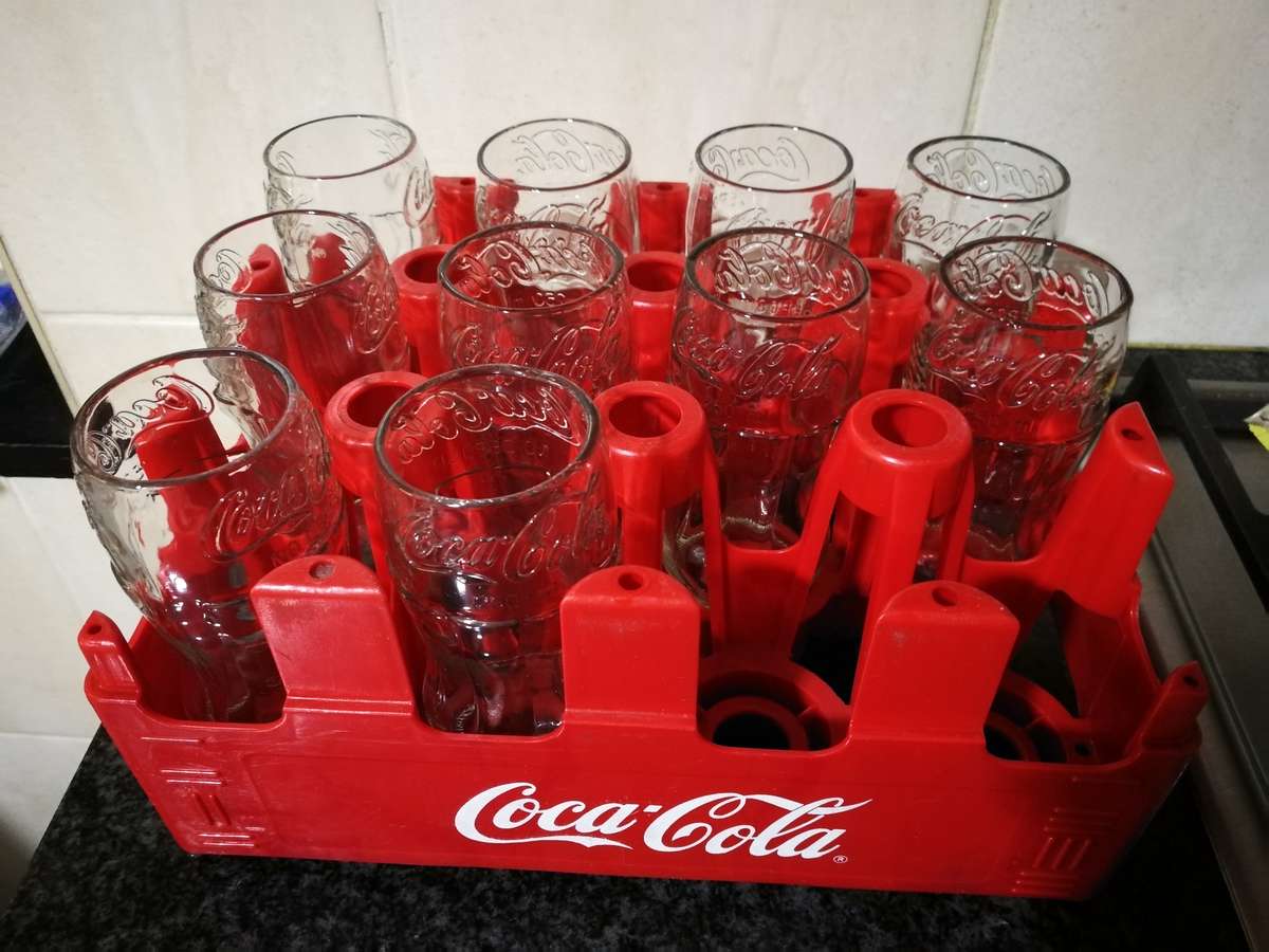Vintage Coke crate and glasses cut from real bottles